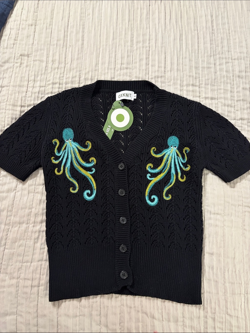 OXKNIT Black Short-Sleeve Cardigan Sweater with Octopus Embroidery Medium